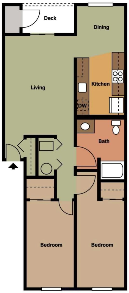A floor plan of a house with two bedrooms, a living room, a dining area, a kitchen, and a deck.