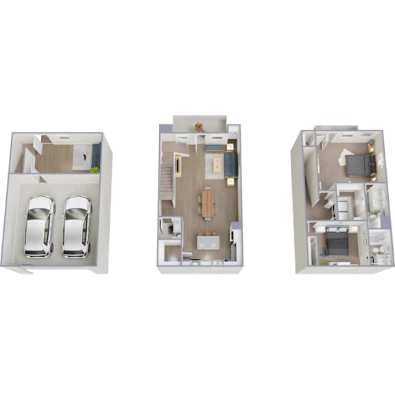 Three different layouts of a house with a garage and a kitchen.