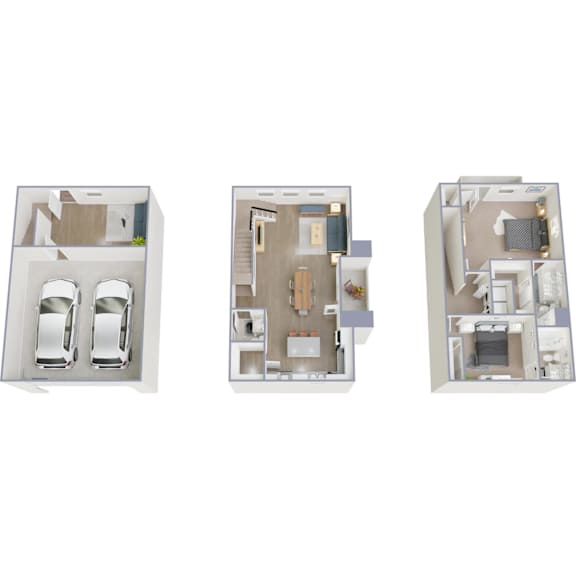Three images of a house layout with two cars.
