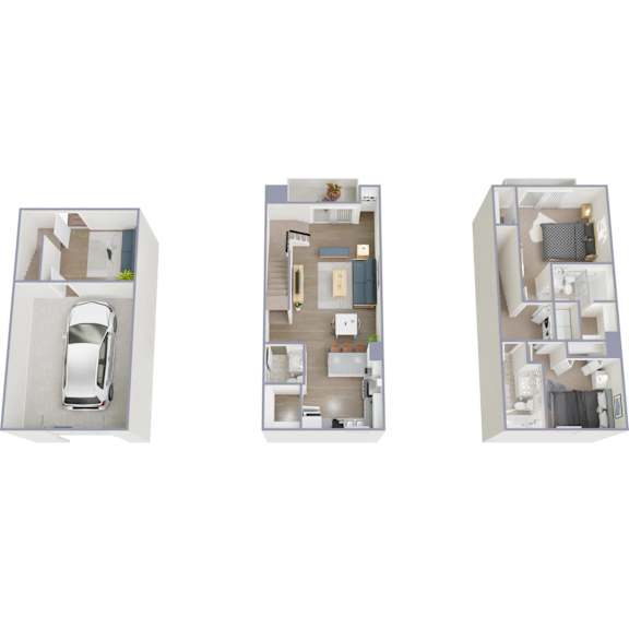 Three images of a house layout with a car parked in the driveway.