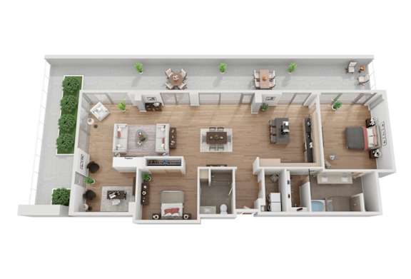 A top-down view of a house layout with a living room, kitchen, and two bedrooms.