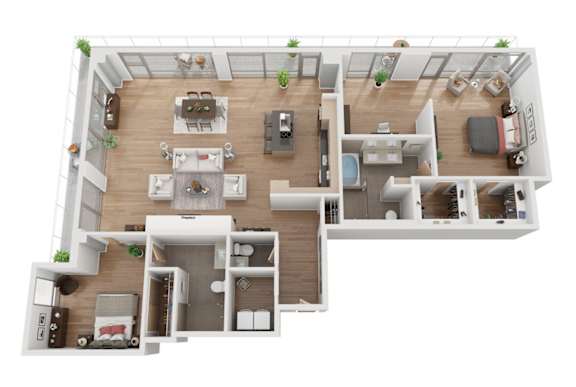 A 3D floor plan of a house with a kitchen, living room, dining room, and bedrooms.