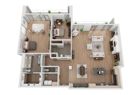 A top-down view of a modern apartment layout with a kitchen, living room, and bedrooms.