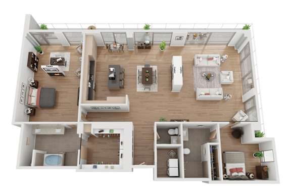 A top-down view of a two-story apartment layout with various rooms and furniture.