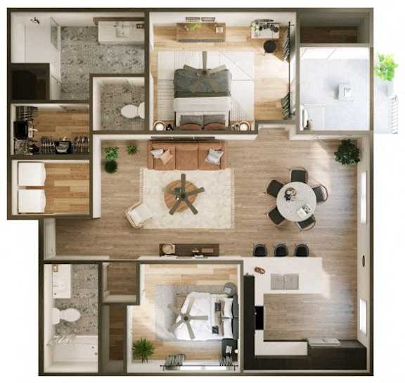 Linda Vista Luxury Rentals 2 Bedroom 3D Floor Plan