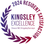 a green circle with the words kingsley excellence with purple leaves
