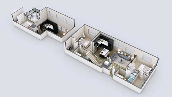 A 3D floor plan of a two-bedroom apartment.