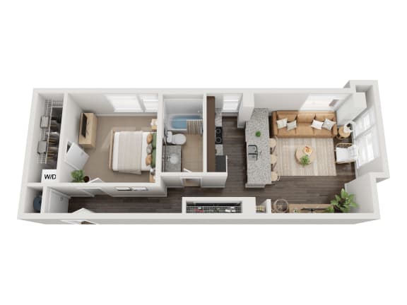 a stylized floor plan with a bedroom and a living room