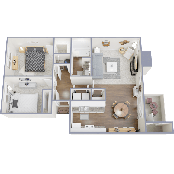 A detailed 3D floor plan of a house layout.