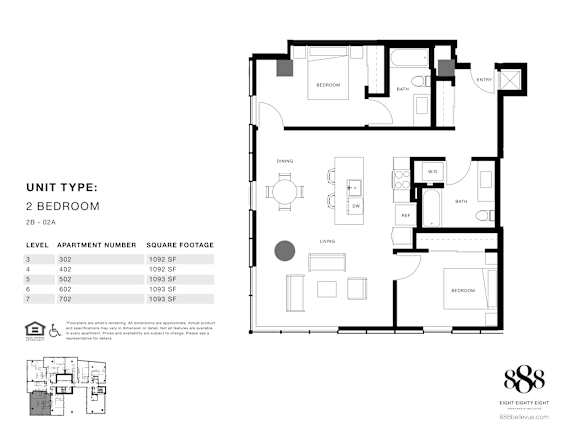 A black and white image of a 2 bedroom apartment floor plan.