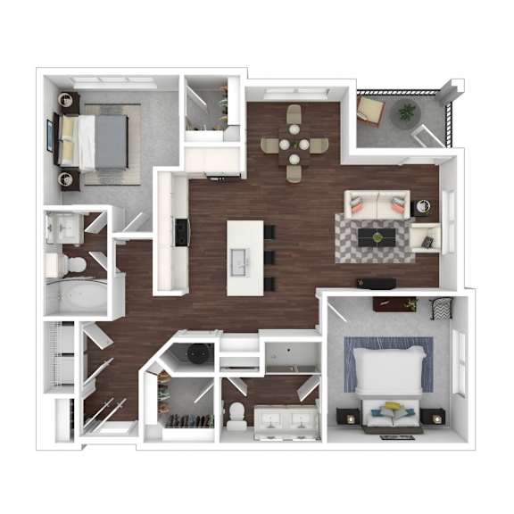 A 3D floor plan of a house with multiple rooms and furniture.