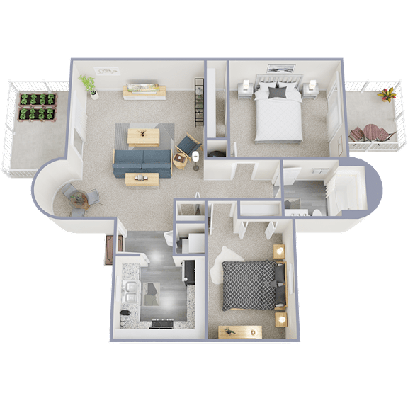 A 3D floor plan of a house with a kitchen, living room, and bedrooms.