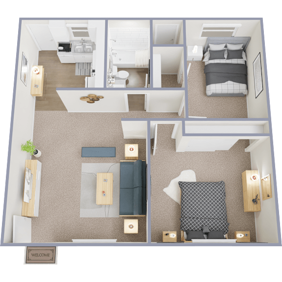 A floor plan of a small apartment with a bedroom, living room, and kitchen.