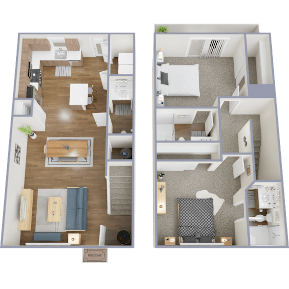 A floor plan of a two-bedroom apartment with a living room, kitchen, and bathroom.