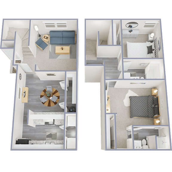 Two floor plans of a house with a living room, kitchen, and bedrooms.