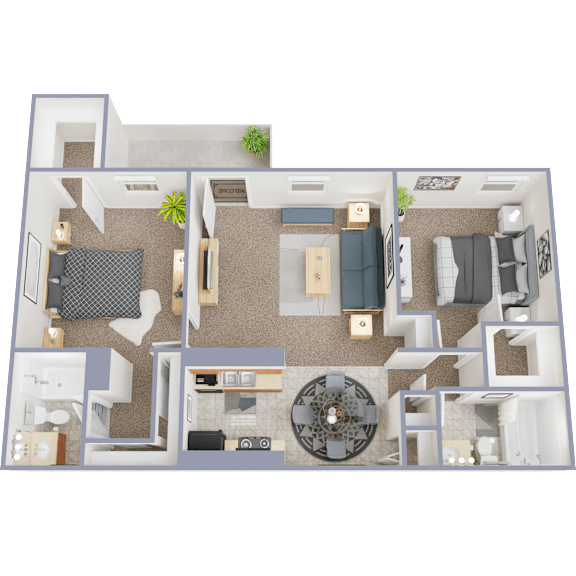 A 3D floor plan of a house with a living room, kitchen, and two bedrooms.