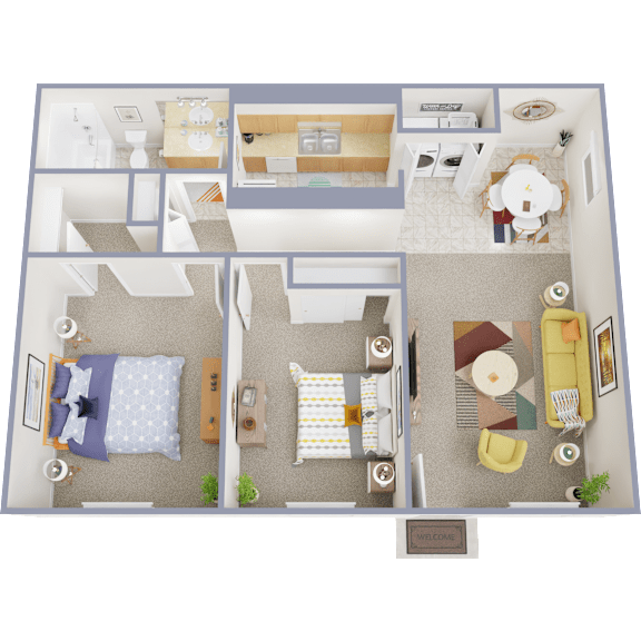 A top-down view of a house interior with a living room, dining area, kitchen, and bedrooms.