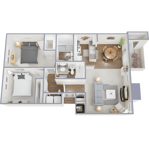 A detailed 3D floor plan of a two-bedroom apartment.