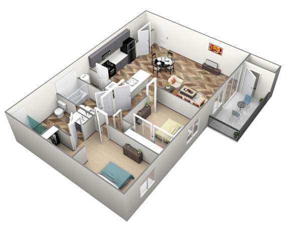 A 3D floor plan of a small apartment with a kitchen, living room, and bedroom.