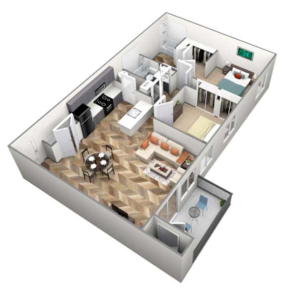 A 3D floor plan of a house with a kitchen, living room, dining room, and bathroom.