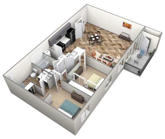 A 3D image of a small apartment with a living room, kitchen, and bedroom.