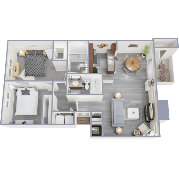 A 3D floor plan of a house showing a living room, kitchen, and two bedrooms.