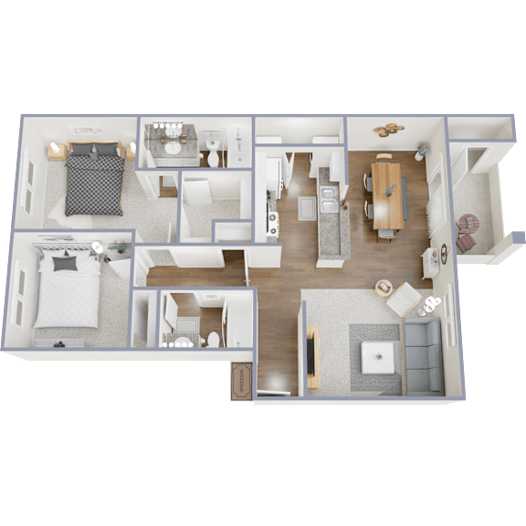 A detailed 3D floor plan of a modern apartment layout.