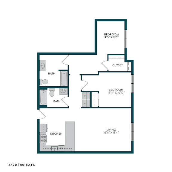 A floor plan of a 1031 square feet home with two bathrooms, a kitchen, a living room, and two bedrooms.
