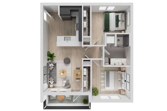 A 3D floor plan of a small apartment with a kitchen, living room, and bathroom.