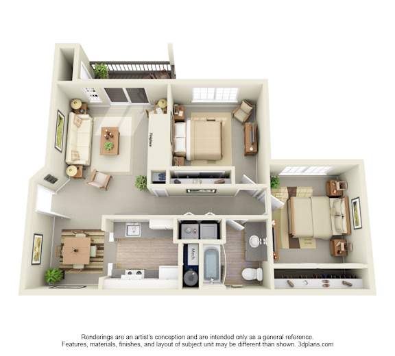 A 3D floor plan of a house with a kitchen, living room, and two bedrooms.