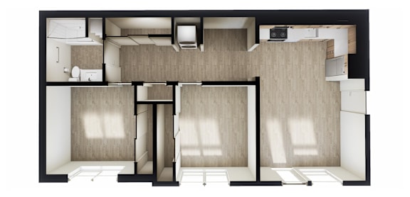 A black and white image of a split level home interior.
