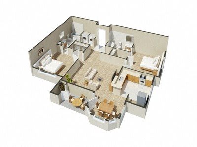 A 3D floor plan of a house with multiple rooms.