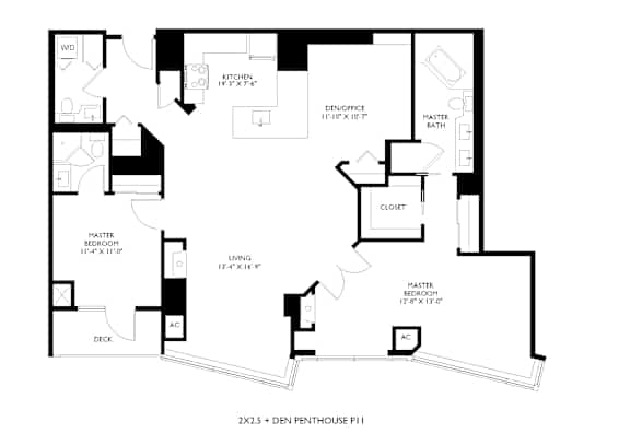 A black and white image of a floor plan for a penthouse.
