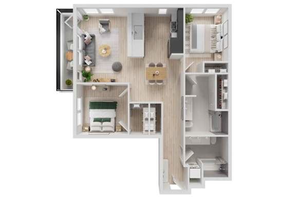 A 3D floor plan of a small apartment with a kitchen, living room, and bedroom.