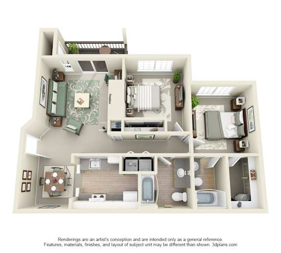 A 3D floor plan of a house with multiple rooms and furniture.