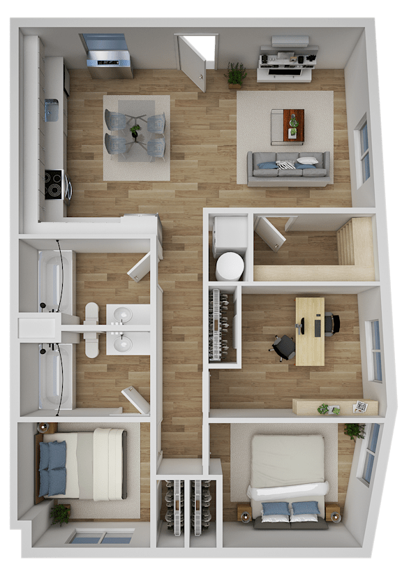 A 3D floor plan of a three bedroom apartment with a kitchen, living room, and bathroom.