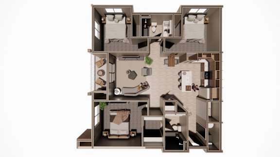 A 3D floor plan of a house with multiple rooms.