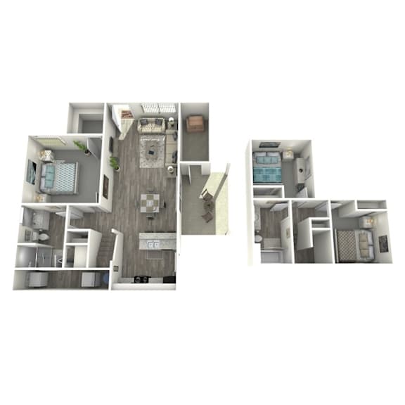 A floor plan of a two-story apartment with a living room, kitchen, and bathroom on the first floor, and a bedroom with a balcony on the second floor.