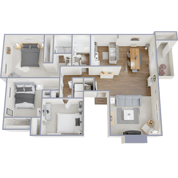 A detailed 3D floor plan of a two-bedroom apartment.