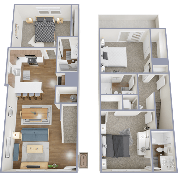 A floor plan of a three-bedroom apartment with a living room, kitchen, and bathroom.