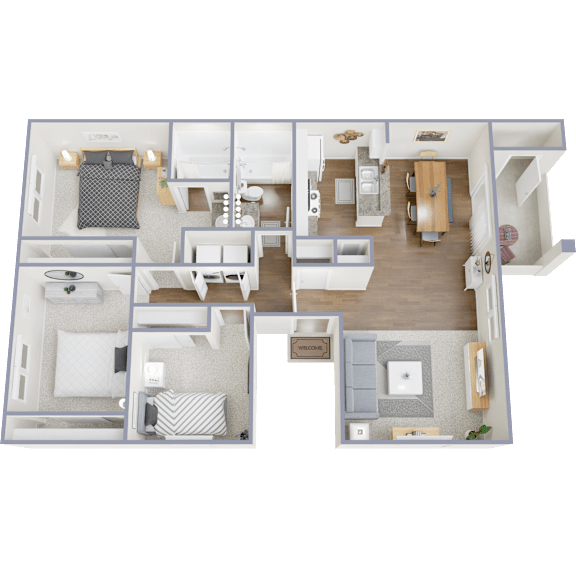 A detailed 3D floor plan of a two-bedroom apartment.
