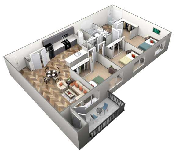 A 3D floor plan of a house with a kitchen, living room, dining room, and two bedrooms.
