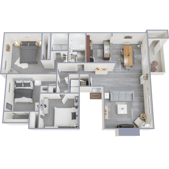 A 3D floor plan of a house showing the layout of the rooms.