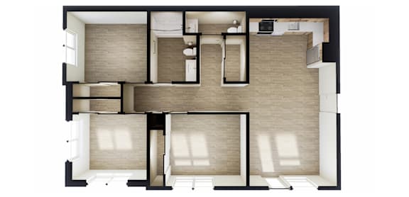 A floor plan of a house with two bedrooms, a living room, a kitchen, and a bathroom.