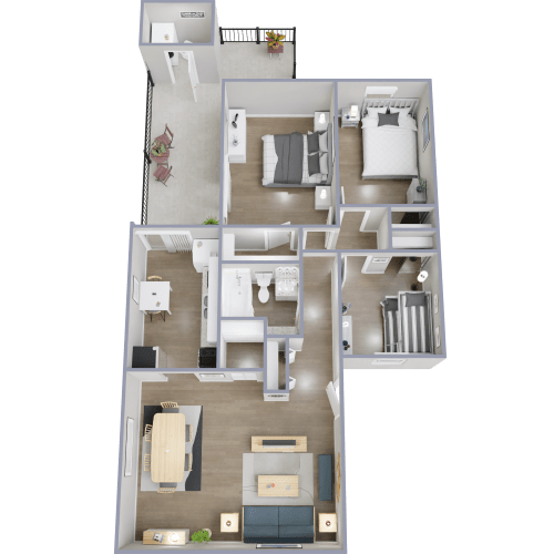 A 3D floor plan of a house with a kitchen, living room, and bedrooms.