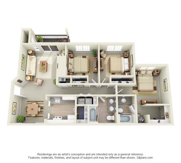 A 3D floor plan of a house with multiple rooms and furniture.