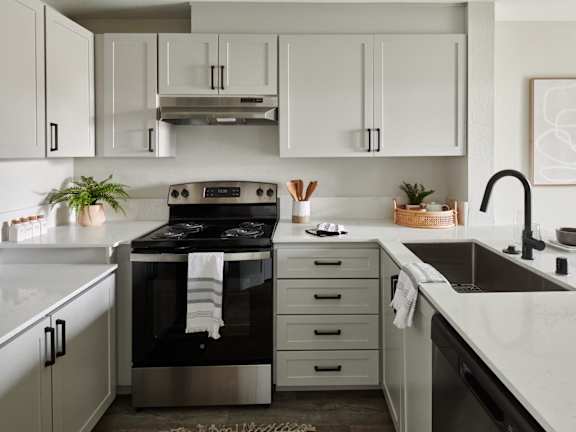 ATRIO modern kitchen with a stove, sink and cabinets.