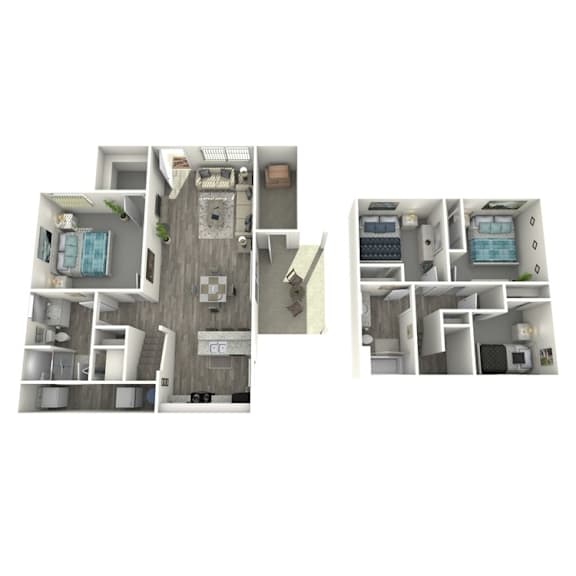 A 3D floor plan of a small apartment with a bedroom, living room, kitchen, and bathroom.