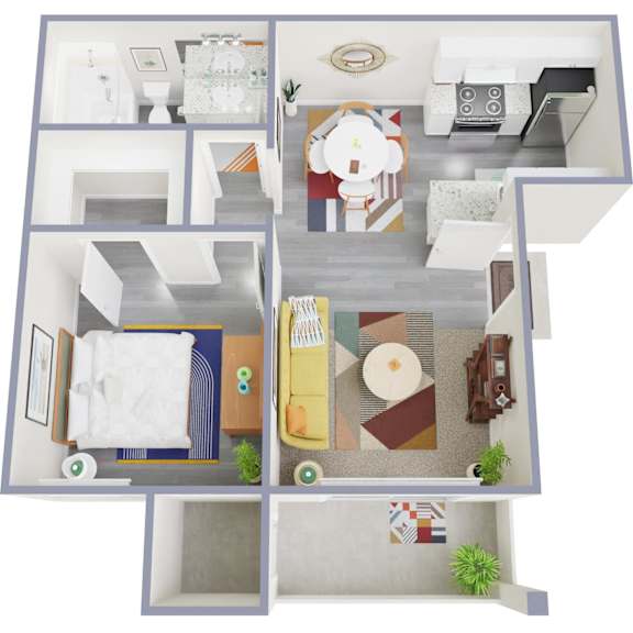 A top-down view of a modern apartment layout with a living room, kitchen, and bedroom.