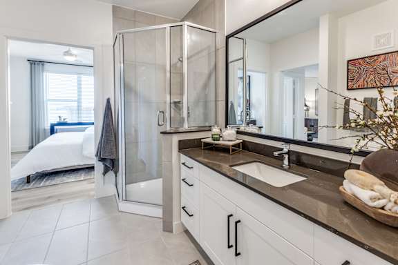 A modern bathroom with a walk-in shower and double sinks.